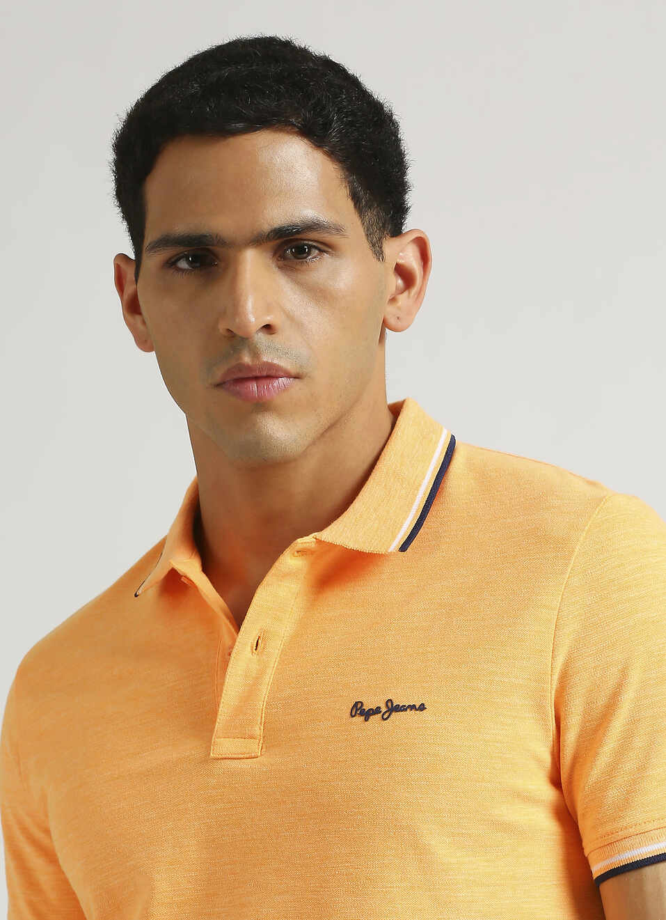 Coral Pink Solid Ribbed Collar Stretch Polo, , large image number 4