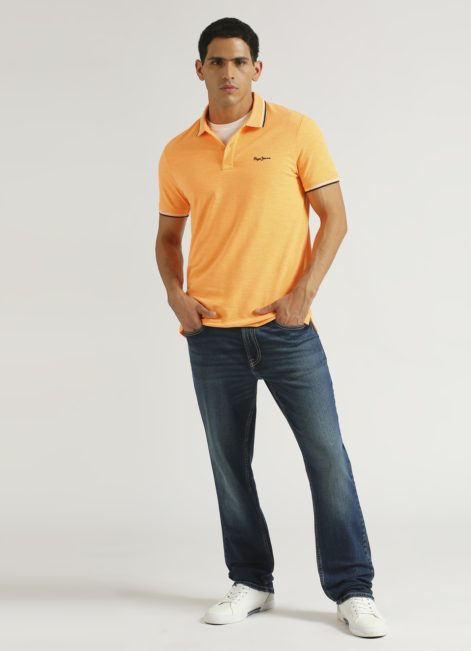 Coral Pink Solid Ribbed Collar Stretch Polo, , large image number 5