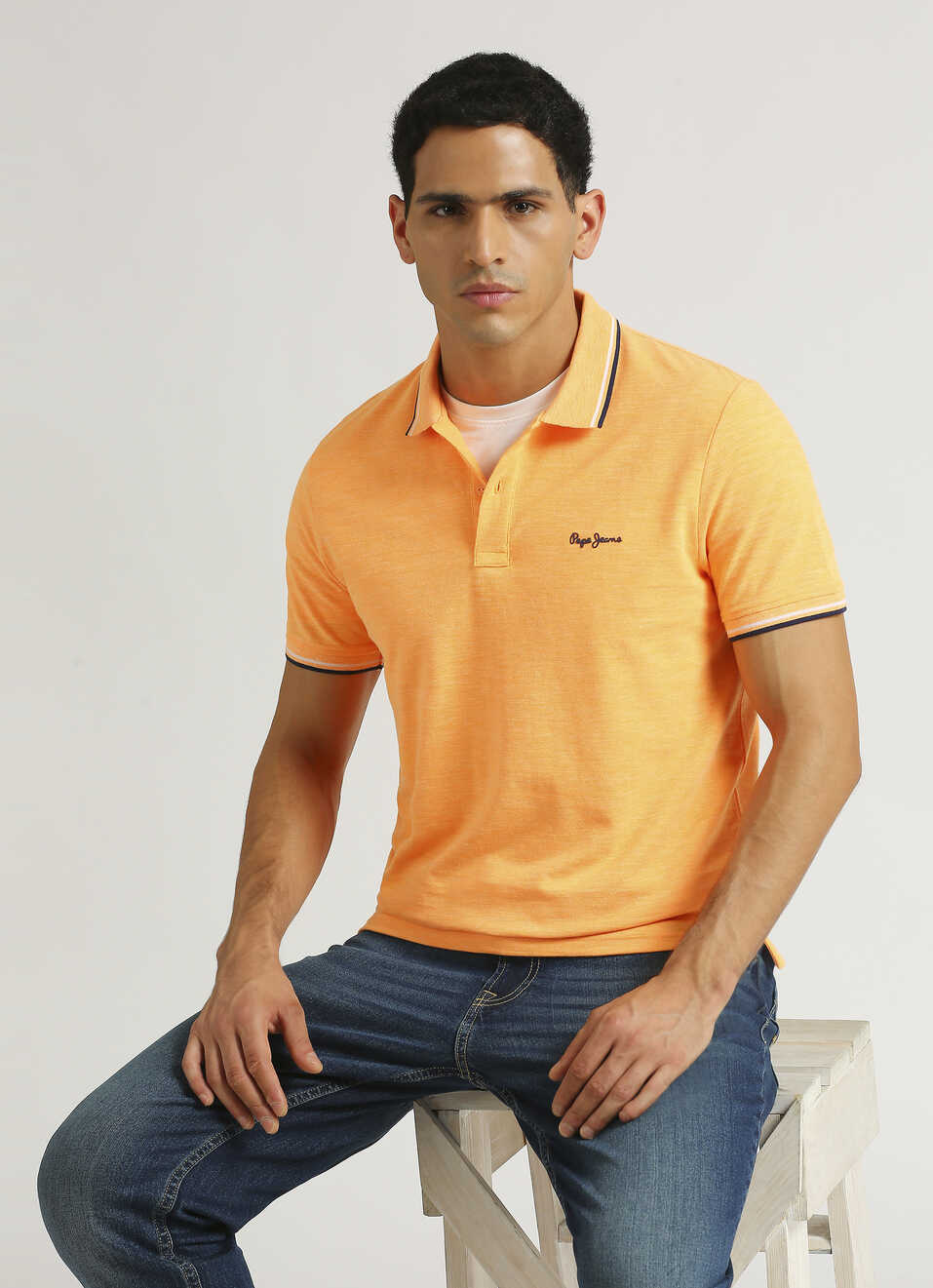 Coral Pink Solid Ribbed Collar Stretch Polo, , large image number 0