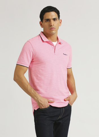 Dusty Pink Solid Ribbed Collar Stretch Polo