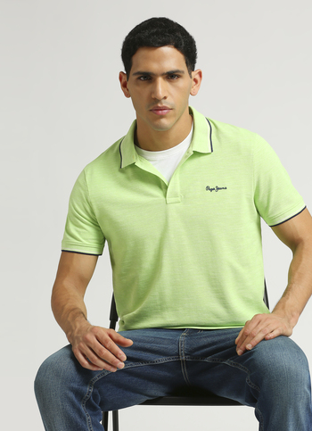 Green Solid Ribbed Collar Stretch Polo