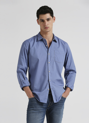 Blue Solid Single Pocket Long Sleeve Shirt