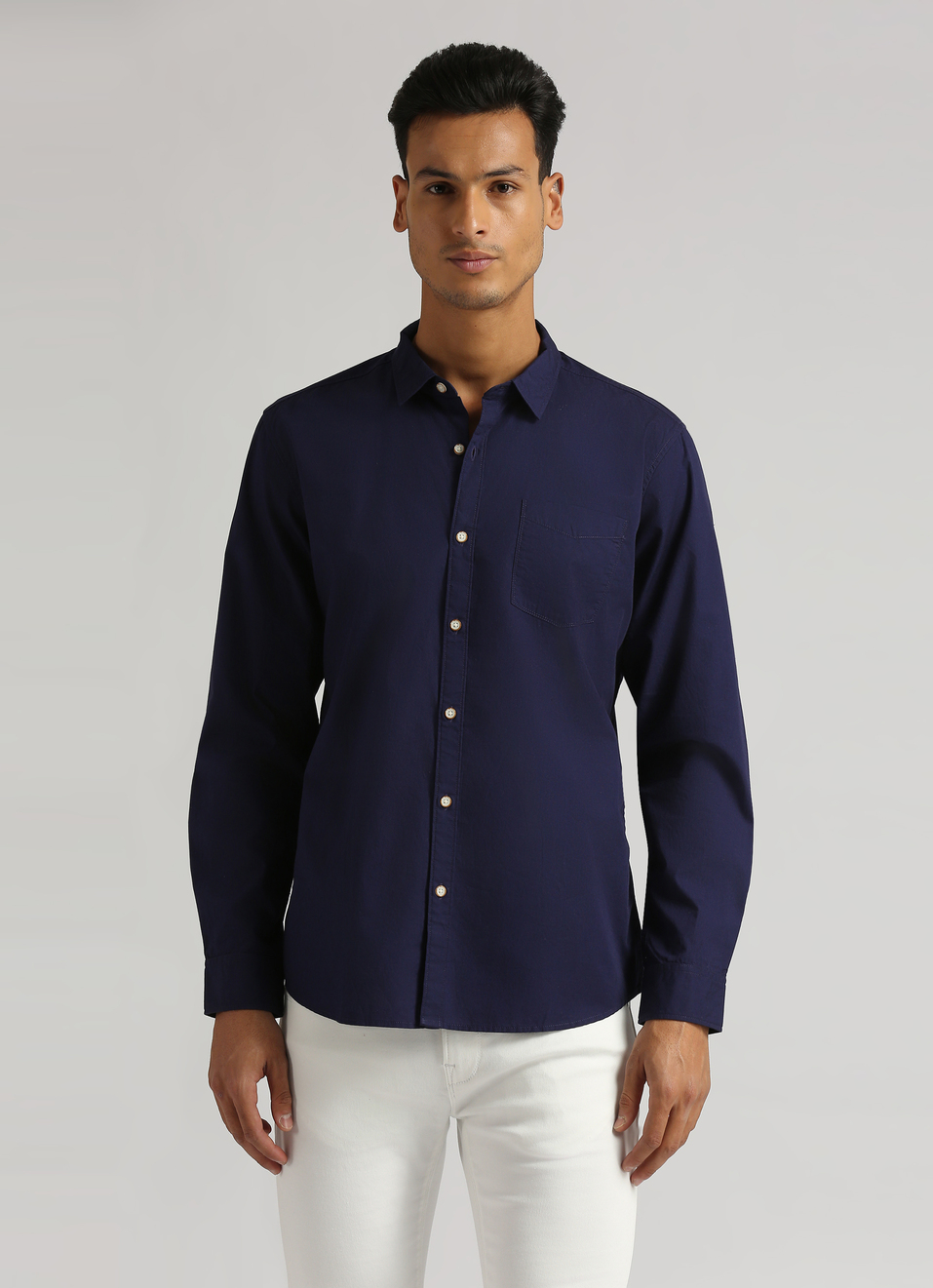 Navy Solid Single Pocket Long Sleeve Shirt, , large image number 0