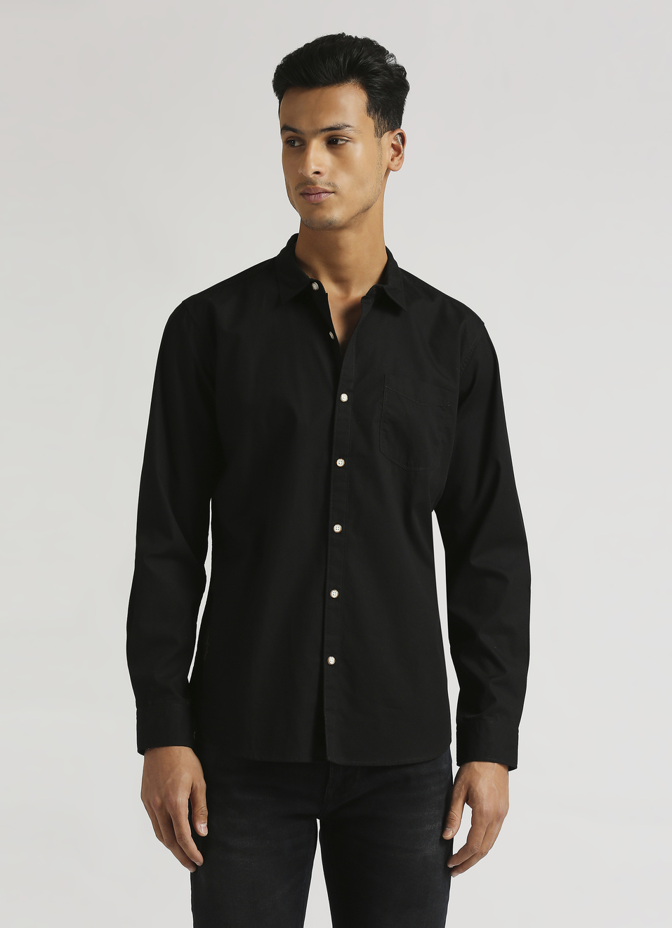 Black Solid Single Pocket Long Sleeve Shirt, , large image number 1