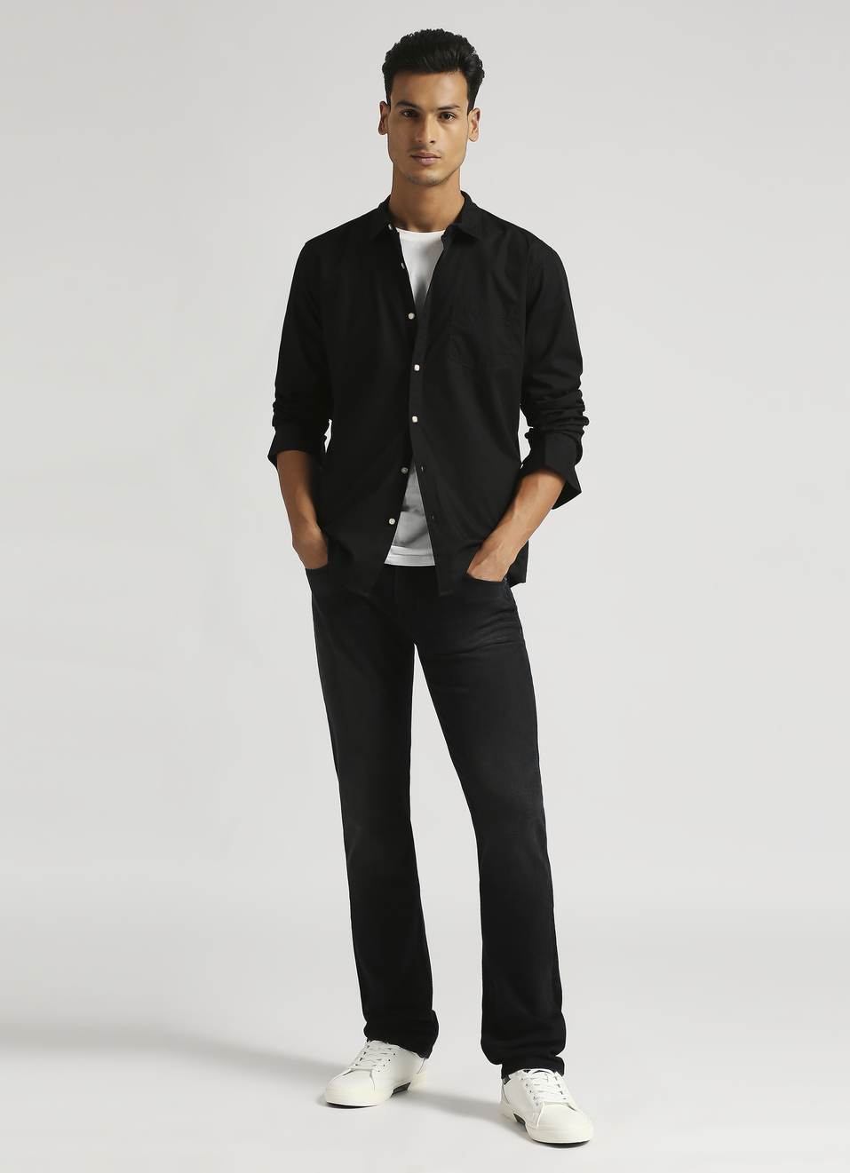 Black Solid Single Pocket Long Sleeve Shirt, , large image number 5