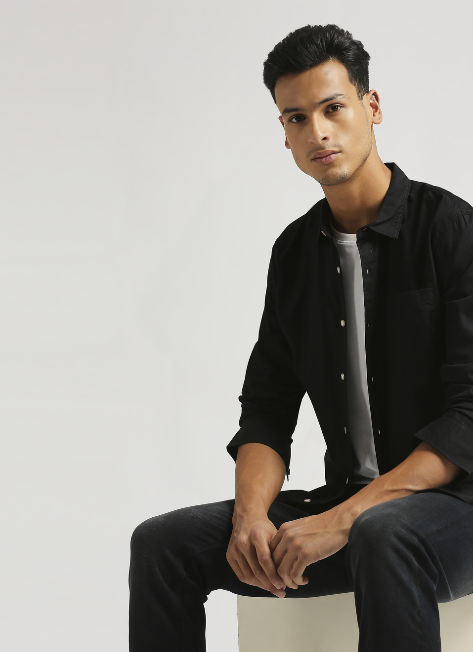 Black Solid Single Pocket Long Sleeve Shirt, , large image number 0