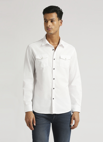 White Solid Double Pocket Long Sleeve Shirt