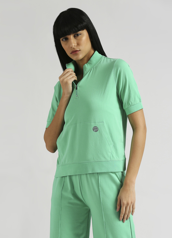 Green Reflective Print Kangaroo Pocket Puff Sleeve T-shirt