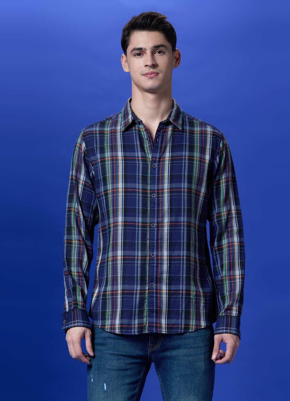 Navy Checked Full Sleeve Shirt, , large image number 1