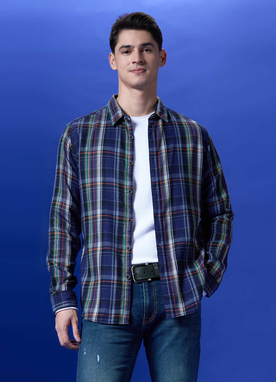 Navy Checked Full Sleeve Shirt, , large image number 0