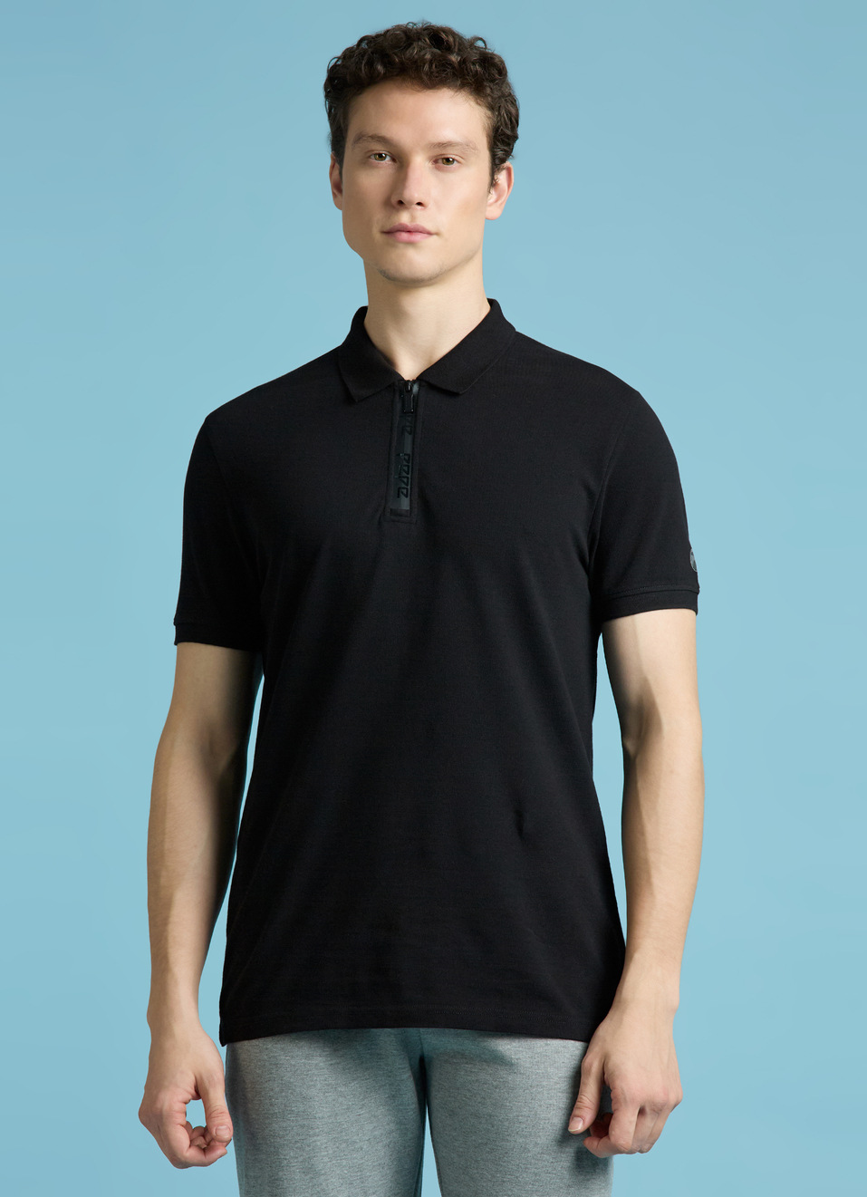 Black Short Sleeves Zipper Stretch Polo, , large image number 1