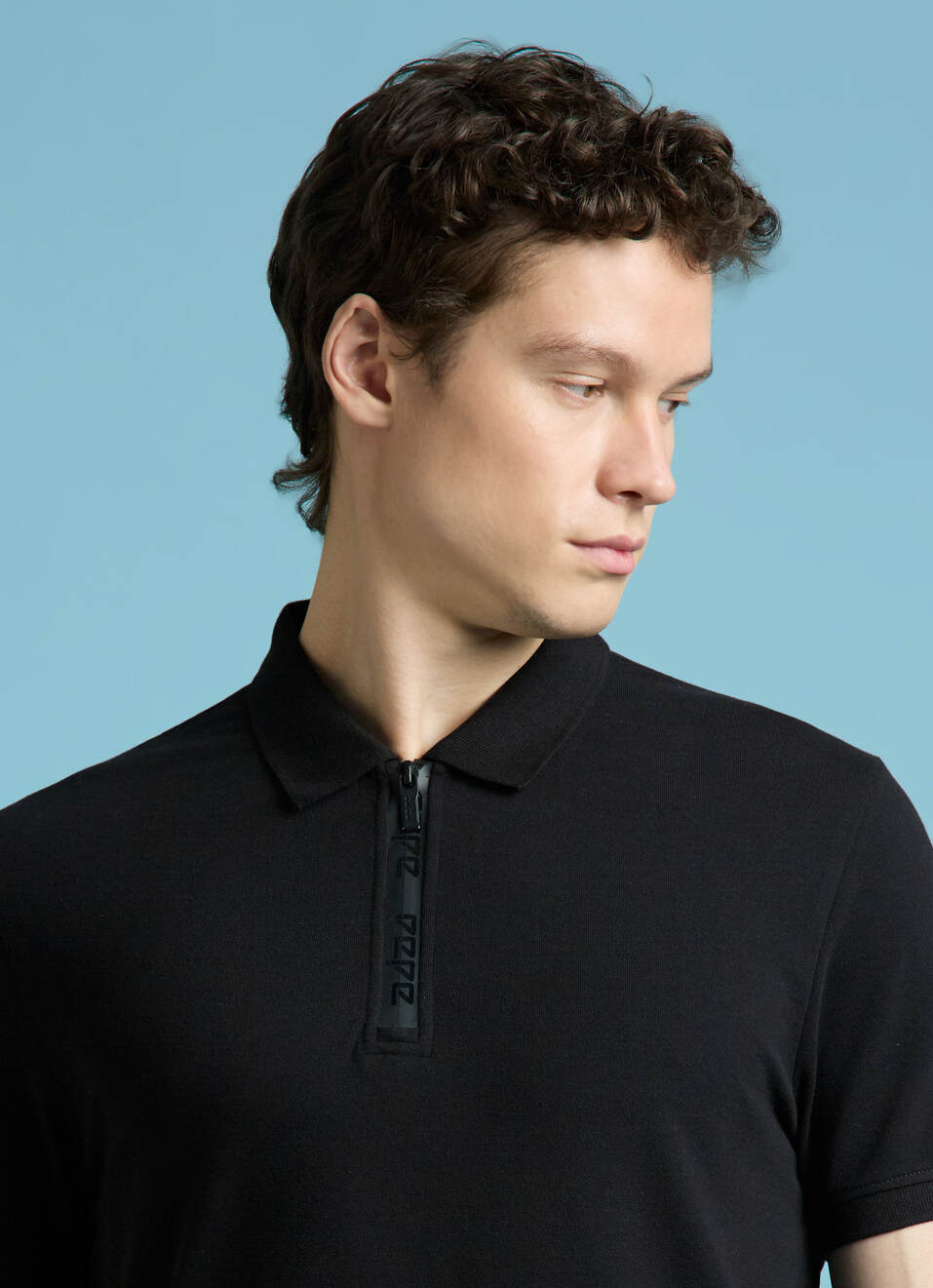 Black Short Sleeves Zipper Stretch Polo, , large image number 4