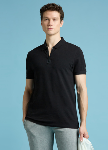 Black Short Sleeves Zipper Stretch Polo