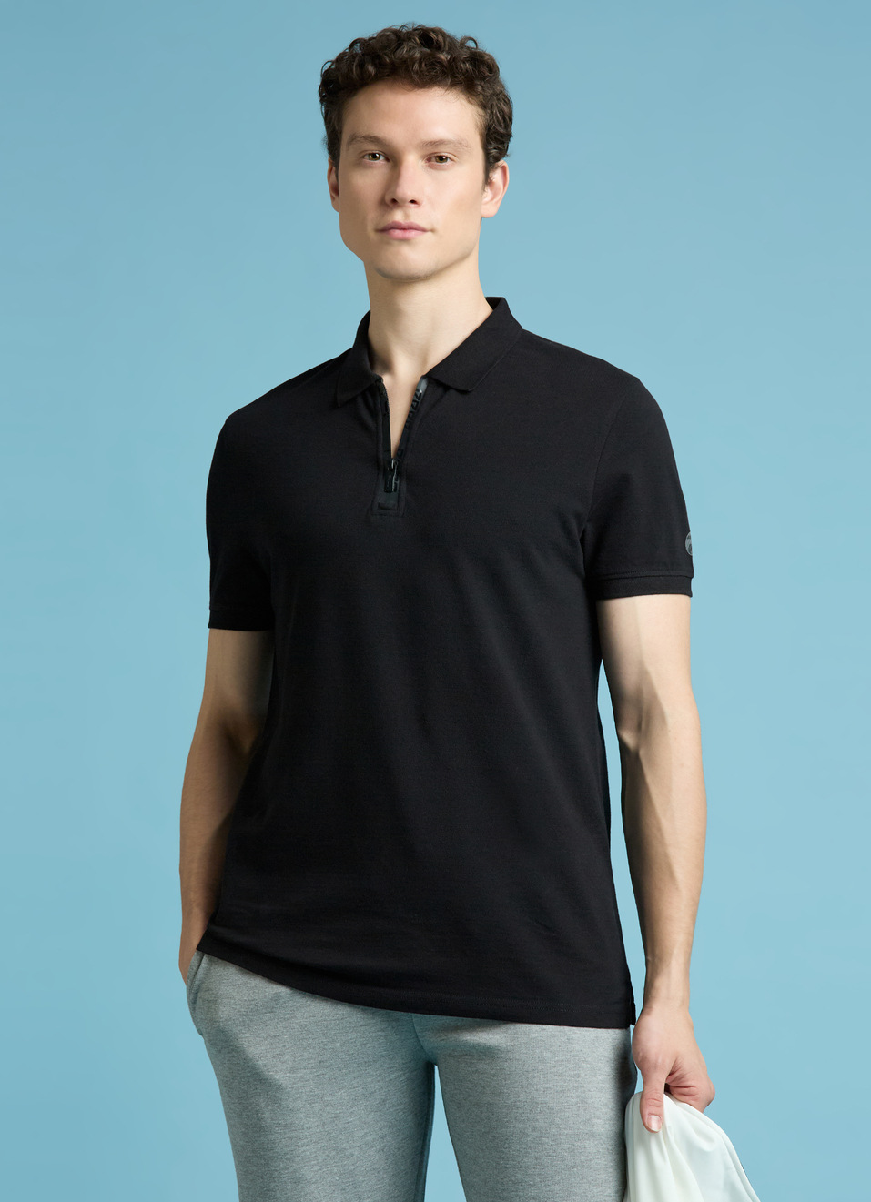 Black Short Sleeves Zipper Stretch Polo, , large image number 0