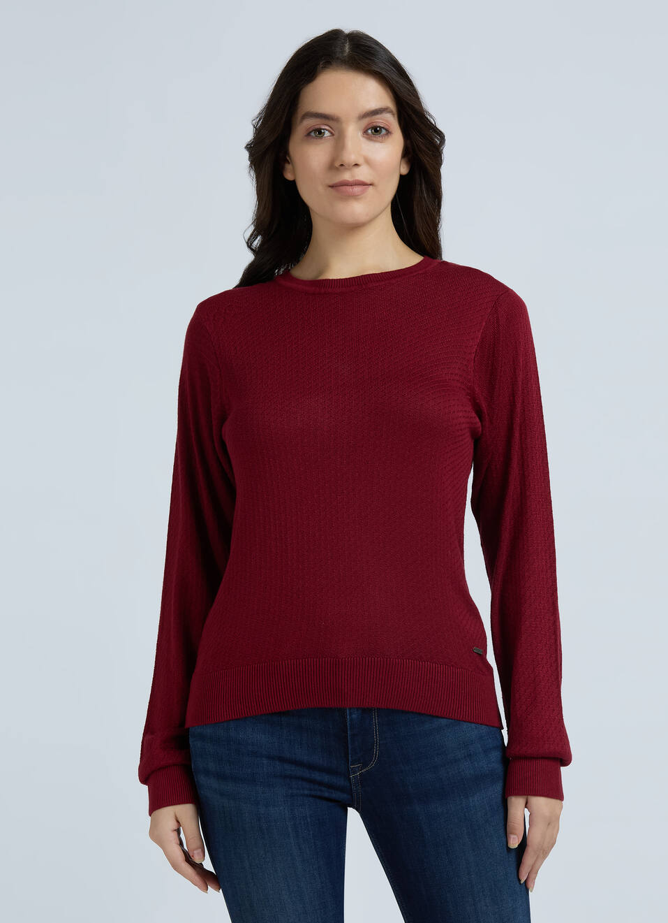 Burgundy Honeycomb Structure Full Sleeve Flat Knit Top, , large image number 1