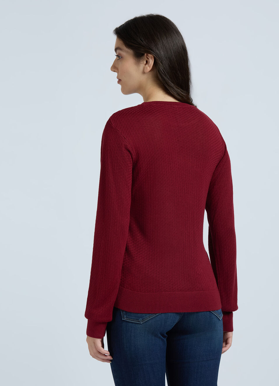 Burgundy Honeycomb Structure Full Sleeve Flat Knit Top, , large image number 2