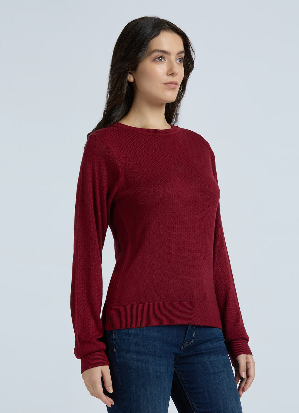 Burgundy Honeycomb Structure Full Sleeve Flat Knit Top, , large image number 3