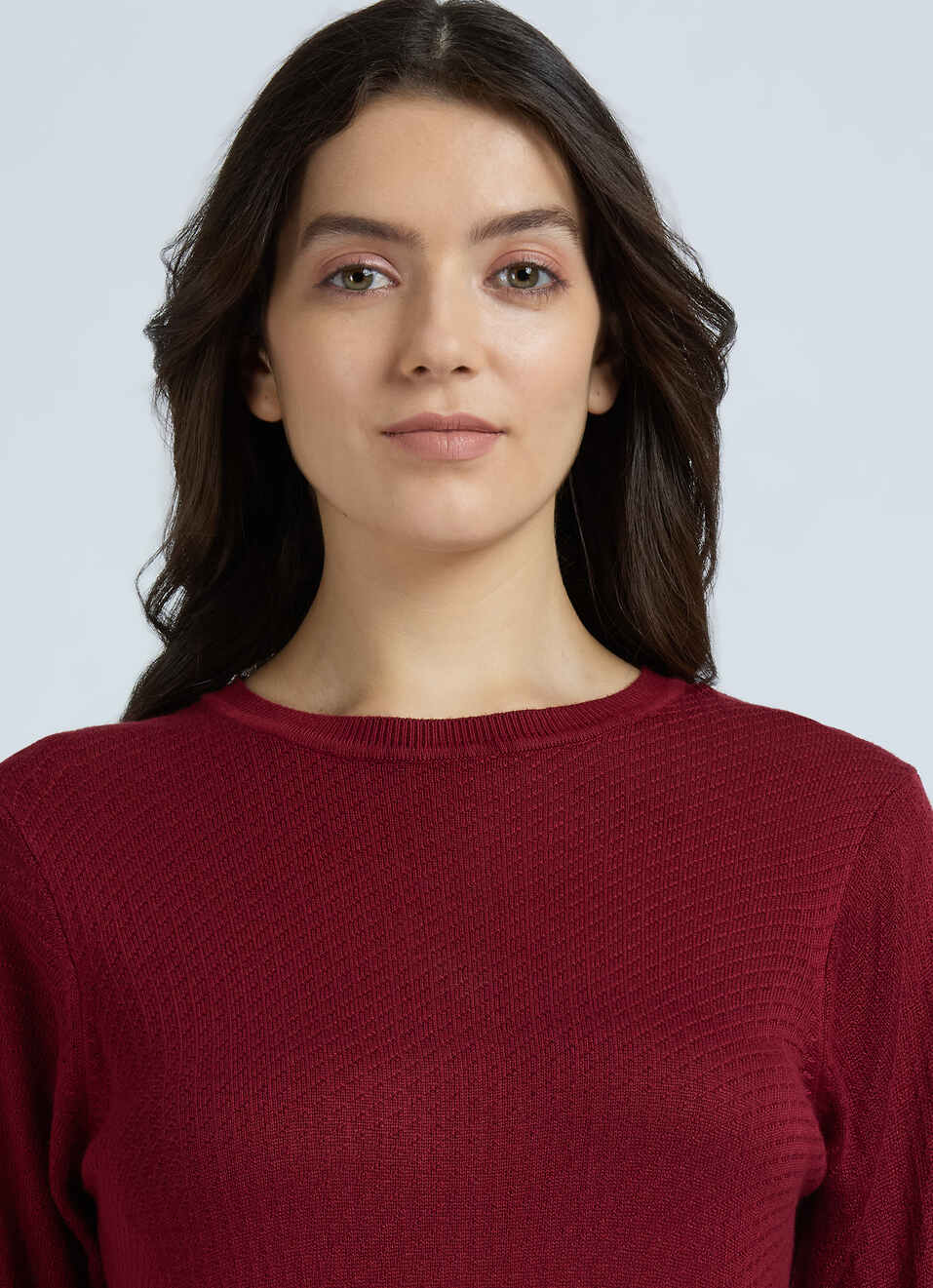 Burgundy Honeycomb Structure Full Sleeve Flat Knit Top, , large image number 4