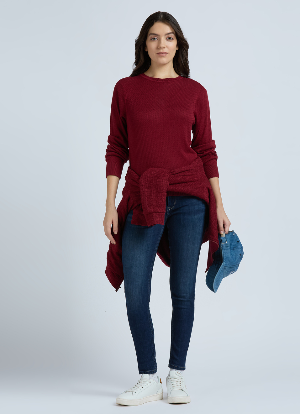 Burgundy Honeycomb Structure Full Sleeve Flat Knit Top, , large image number 5