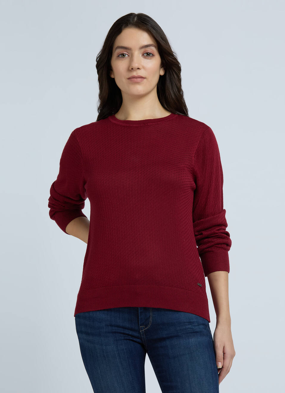 Burgundy Honeycomb Structure Full Sleeve Flat Knit Top, , large image number 0