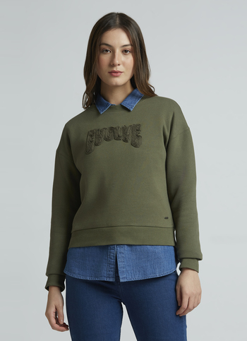 Olive Embroidered Full Sleeve Sweatshirt