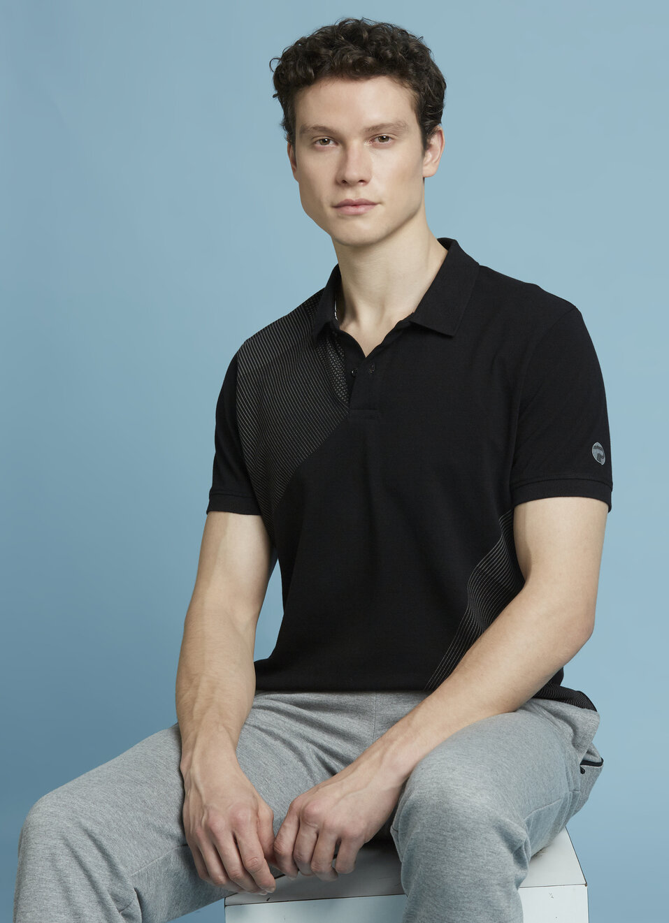 Black Abstract Print Short Sleeves Polo, , large image number 0