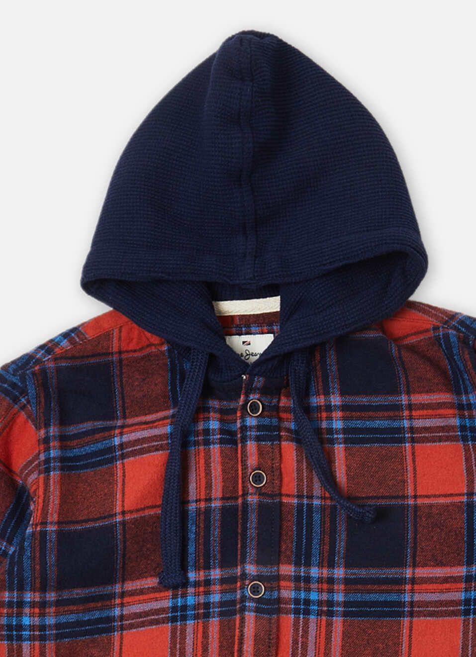 Boys Navy Check Full Sleeve Hooded Shirt, , large image number 2