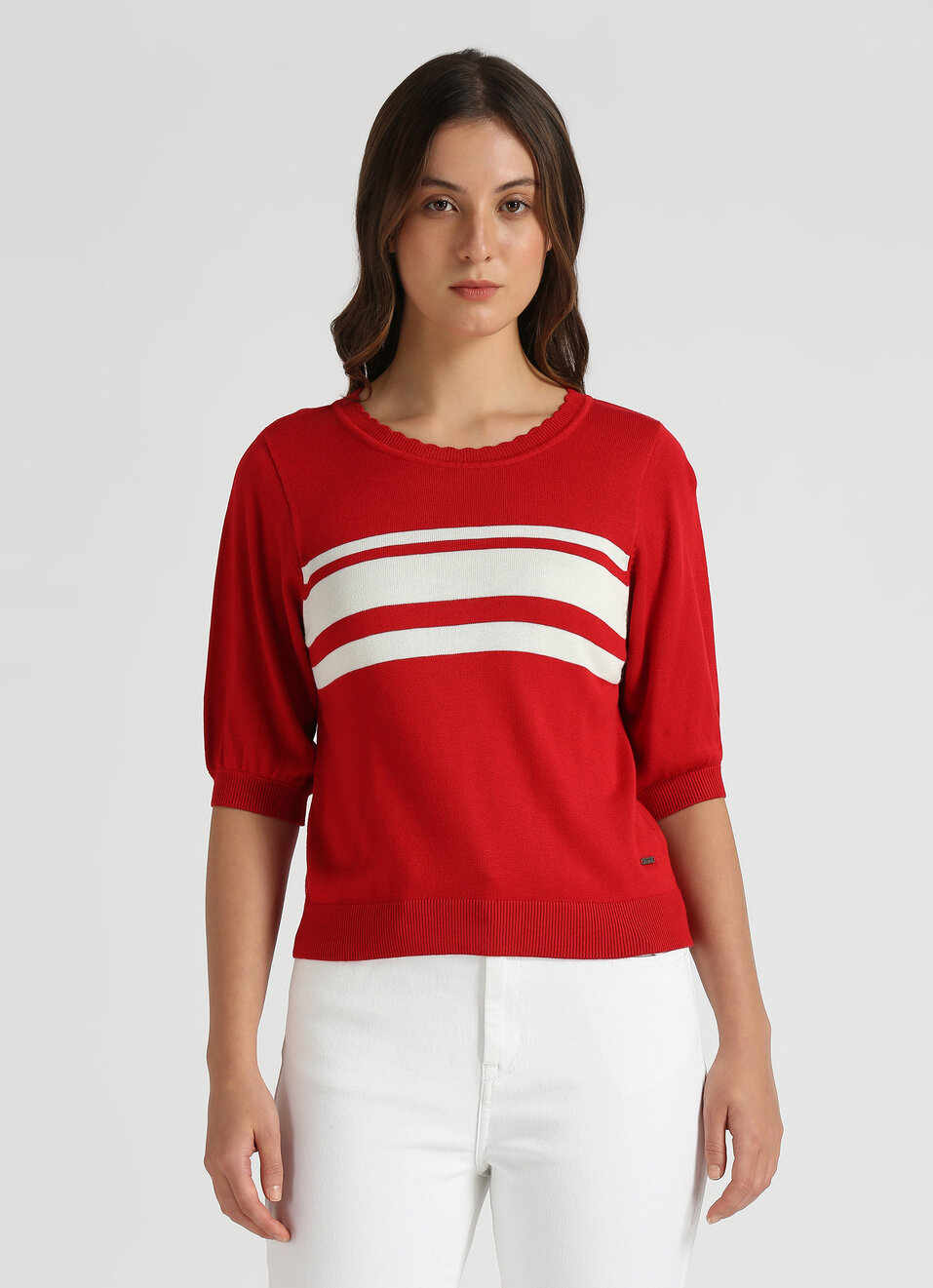 Red Stripes Short Sleeve Flat Knit Top, , large image number 1
