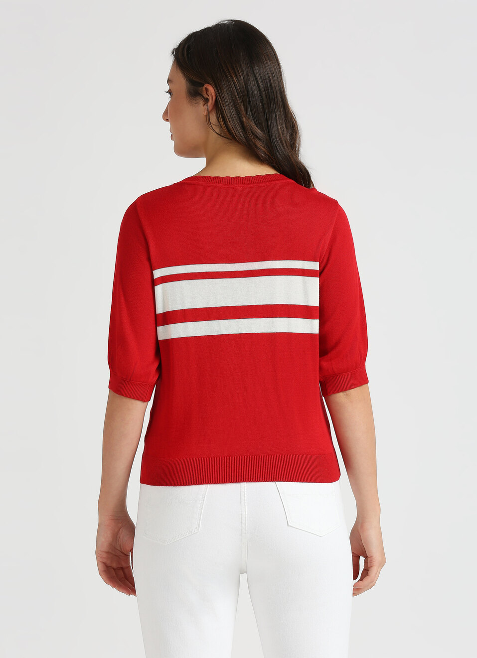 Red Stripes Short Sleeve Flat Knit Top, , large image number 2