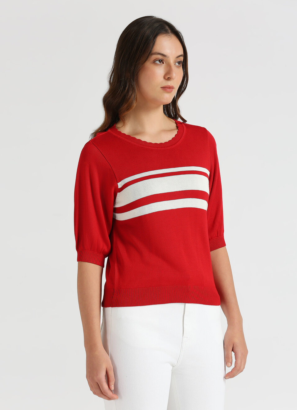 Red Stripes Short Sleeve Flat Knit Top, , large image number 3