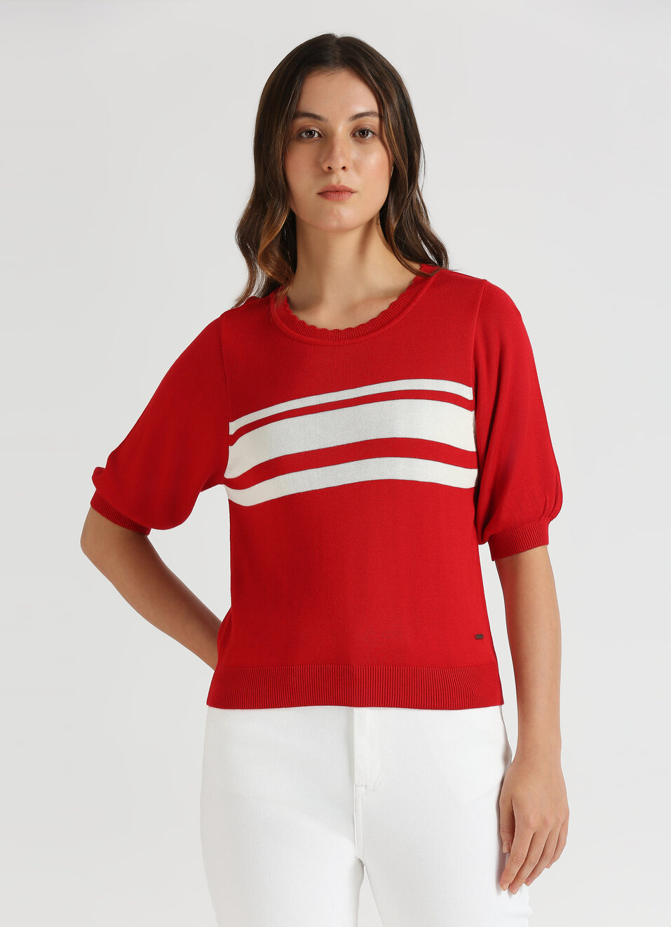 Red Stripes Short Sleeve Flat Knit Top, , large image number 0