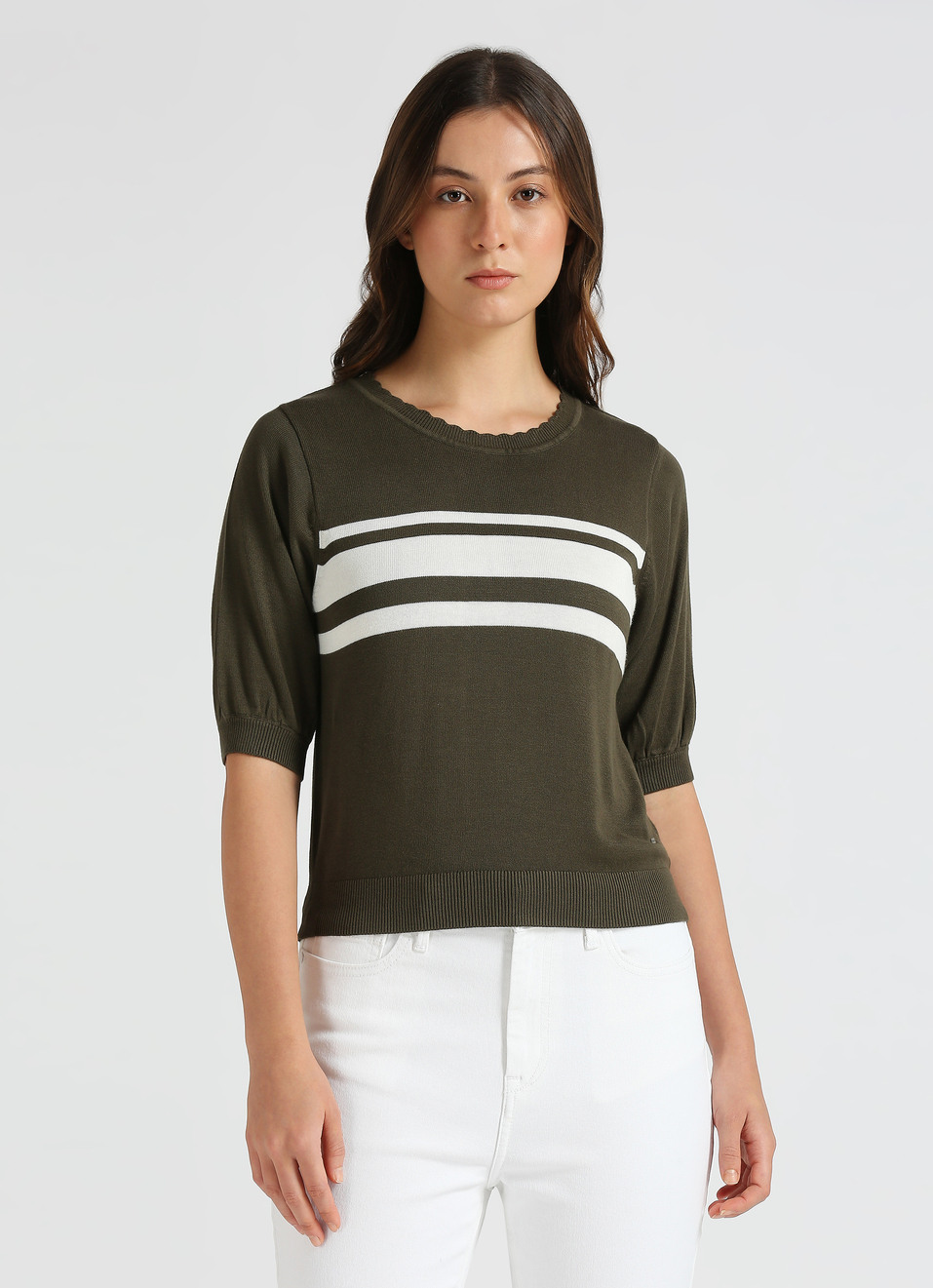 Olive Stripes Short Sleeve Flat Knit Top, , large image number 1