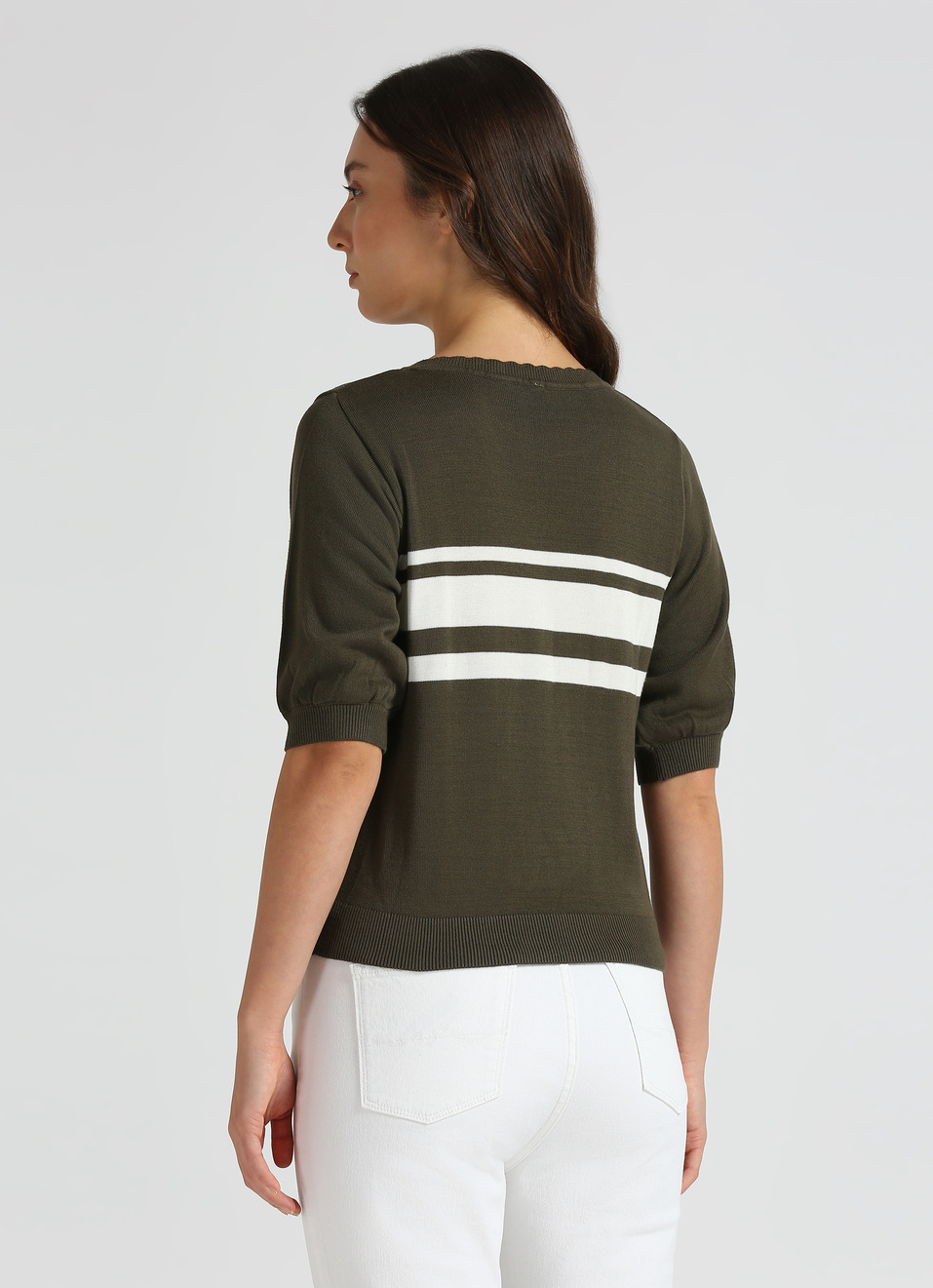 Olive Stripes Short Sleeve Flat Knit Top, , large image number 2