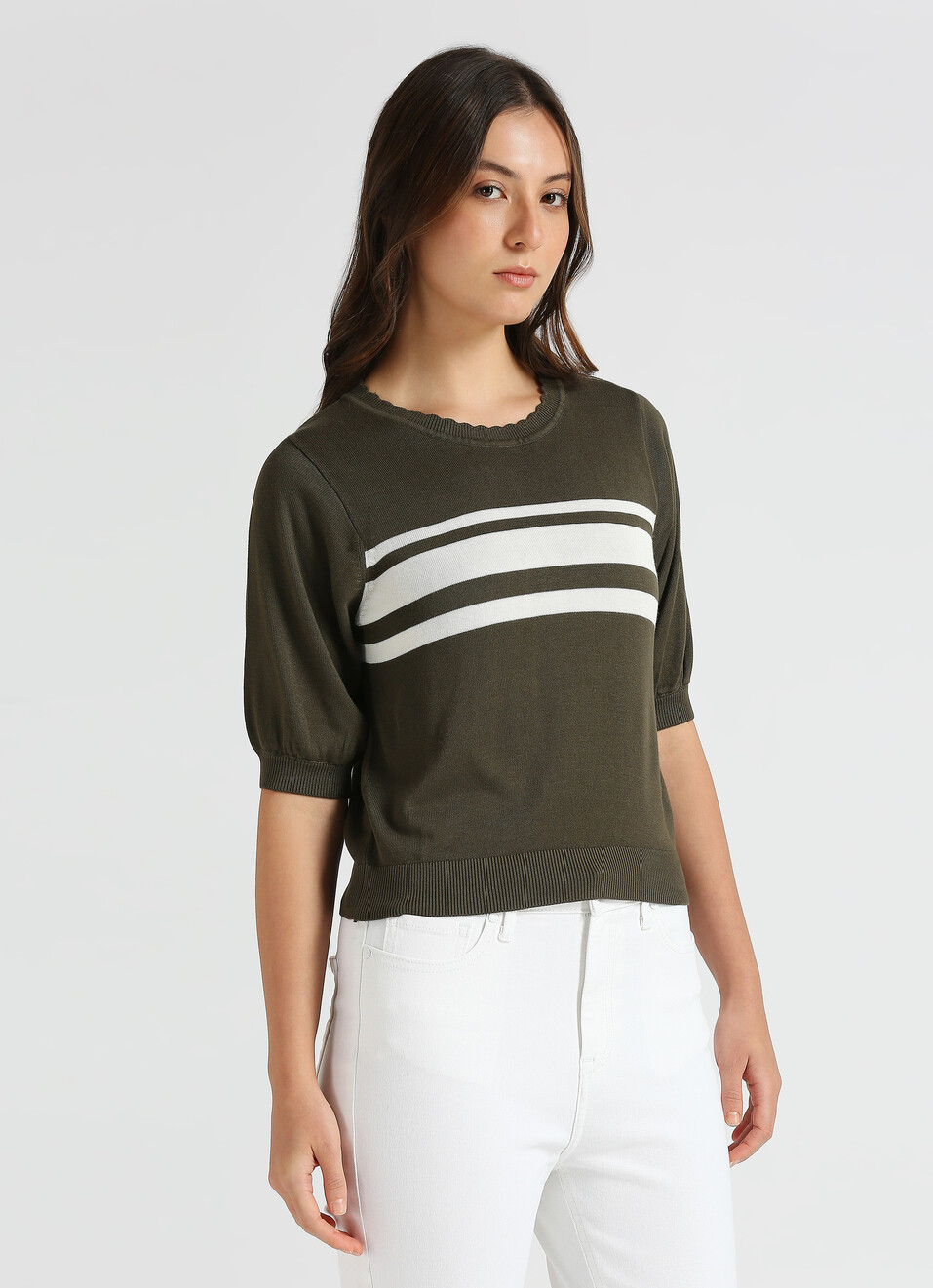 Olive Stripes Short Sleeve Flat Knit Top, , large image number 3
