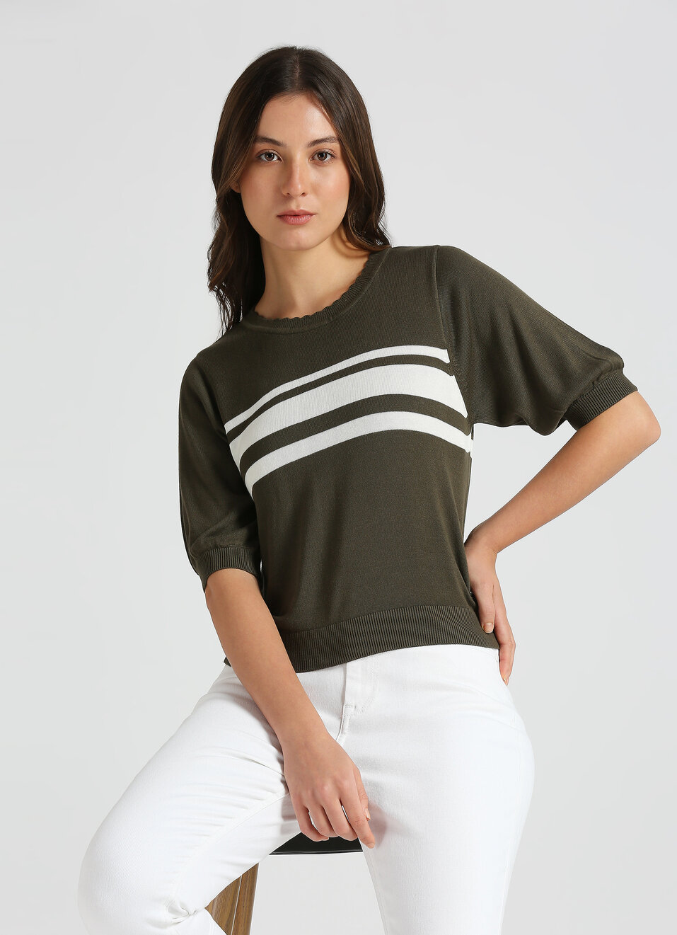 Olive Stripes Short Sleeve Flat Knit Top, , large image number 0