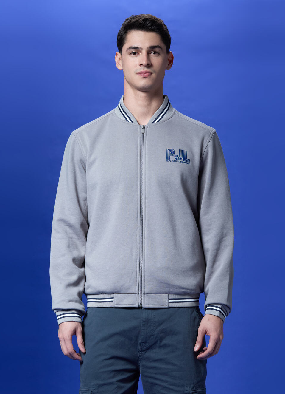 Grey Baseball Neck Full Sleeve Lightweight Sweatshirt, , large image number 1