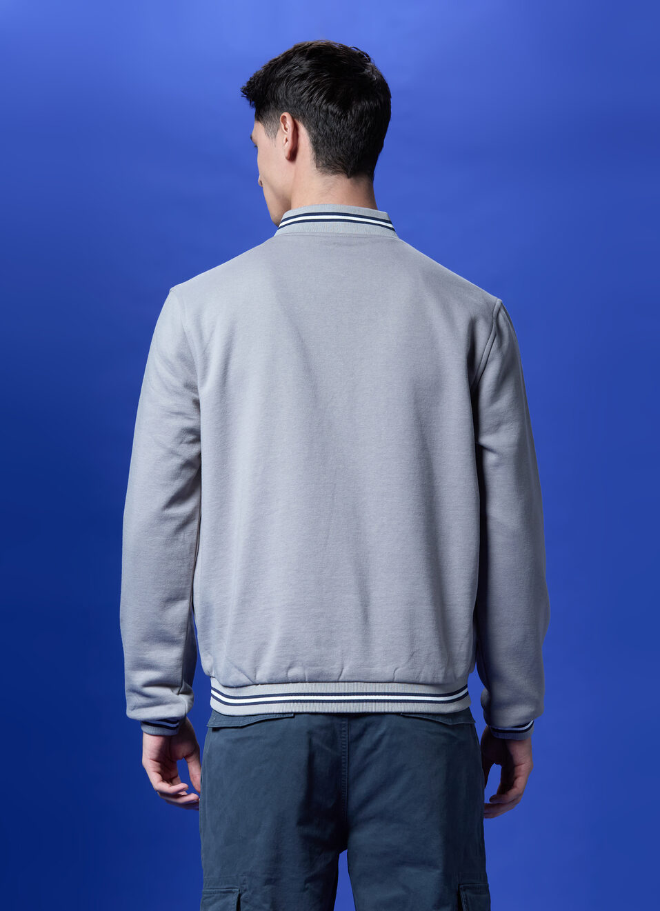 Grey Baseball Neck Full Sleeve Lightweight Sweatshirt, , large image number 2