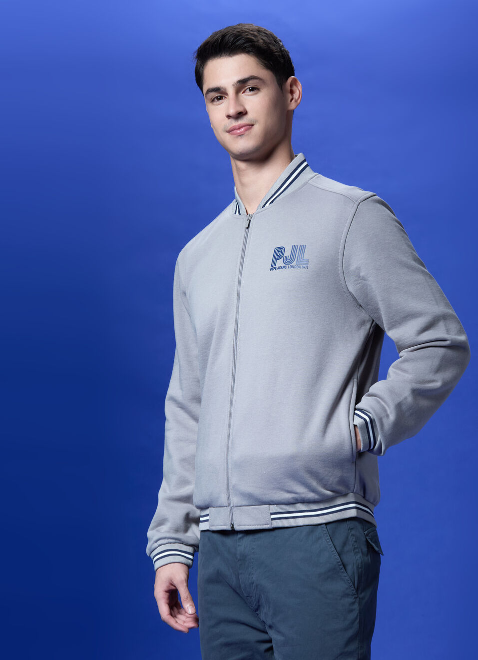Grey Baseball Neck Full Sleeve Lightweight Sweatshirt, , large image number 3