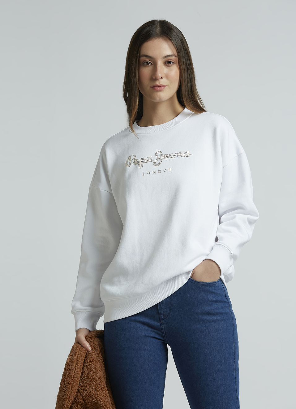 White Embellished Oversized Sweatshirt, , large image number 0