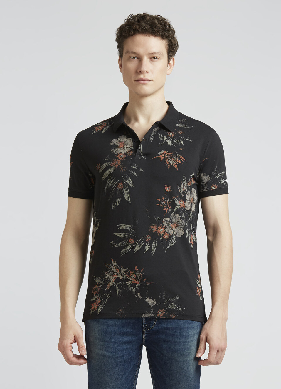 Black Floral Print Short Sleeve Polo, , large image number 1