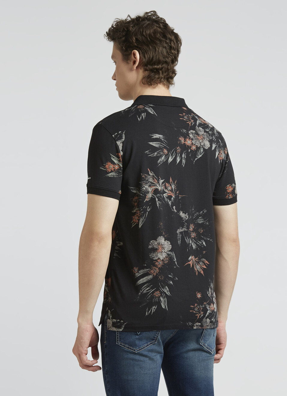 Black Floral Print Short Sleeve Polo, , large image number 2