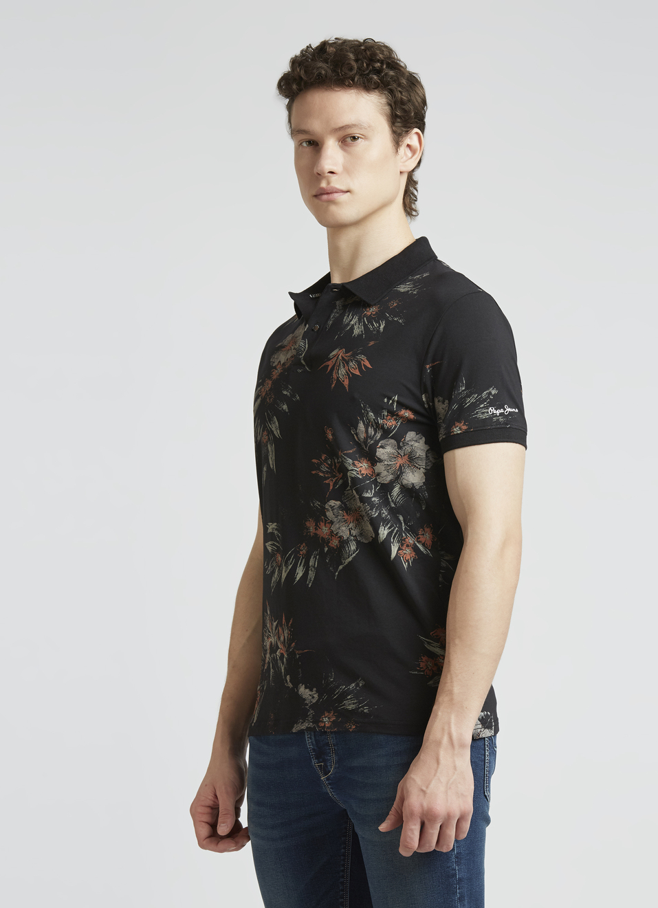 Black Floral Print Short Sleeve Polo, , large image number 3