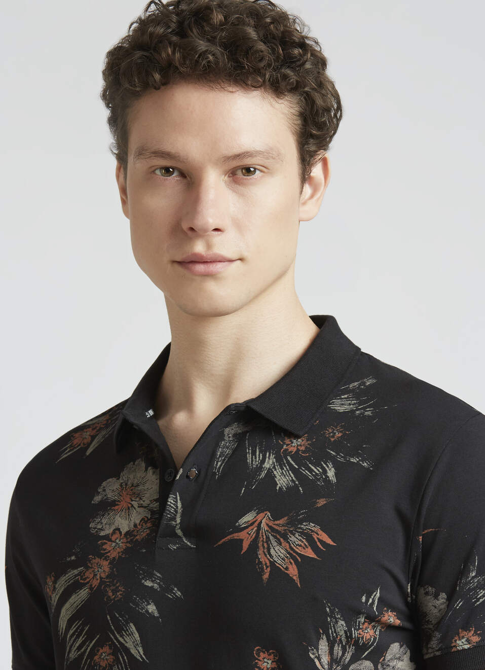 Black Floral Print Short Sleeve Polo, , large image number 4