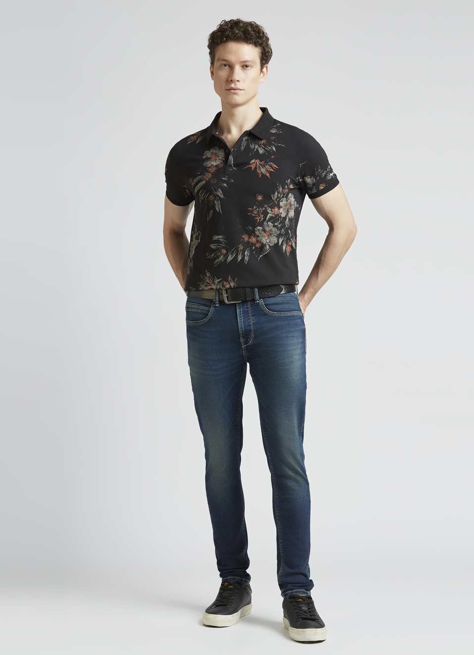 Black Floral Print Short Sleeve Polo, , large image number 5