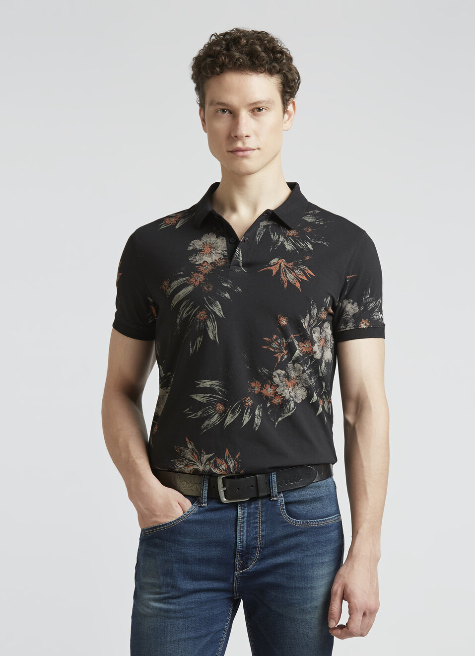 Black Floral Print Short Sleeve Polo, , large image number 0