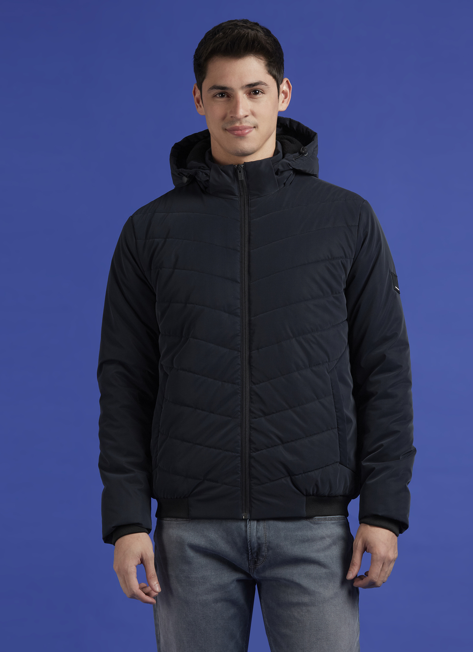 Navy Full Sleeve Hooded Jacket, , large image number 1