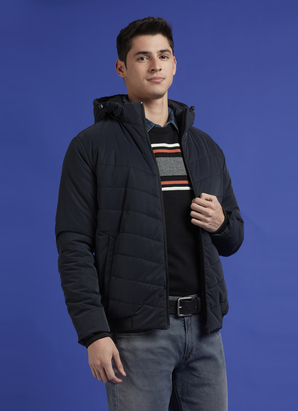 Navy Full Sleeve Hooded Jacket, , large image number 0