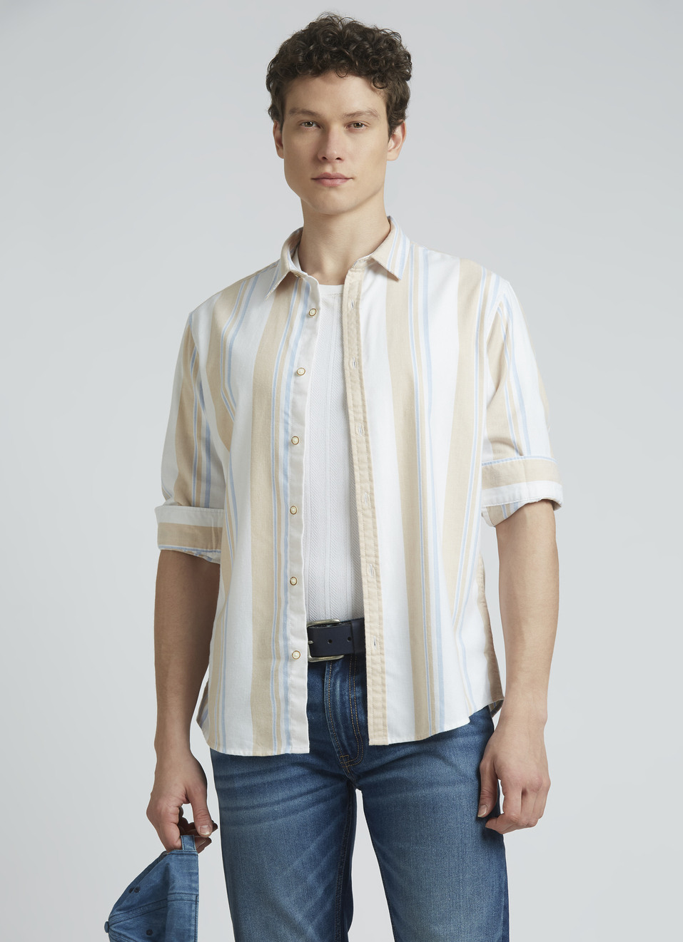Beige Summer Stripes Full Sleeve Shirt, , large image number 0