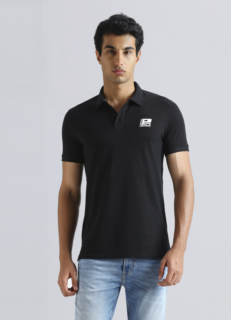 Black Flock Logo Print Short Sleeve Polo, , large image number 1