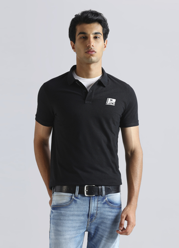 Black Flock Logo Print Short Sleeve Polo